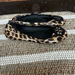 Tory Burch Animal Print Flats with Black Logo